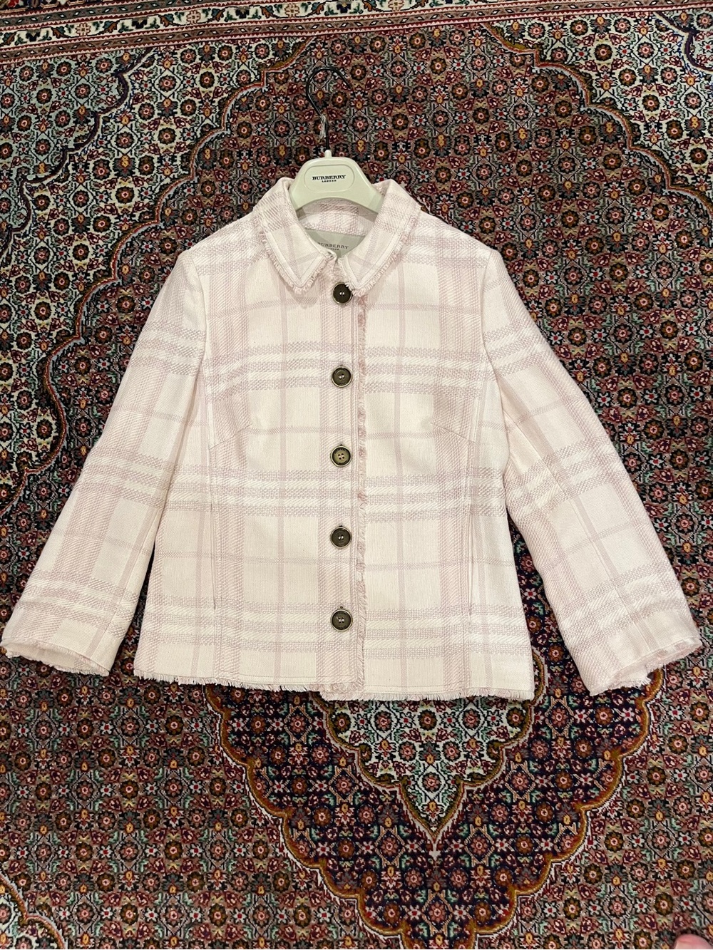 Burberry London Pale Pink Plaid Tweed Fringe-Trim Luxury Blazer Jacket Size 4